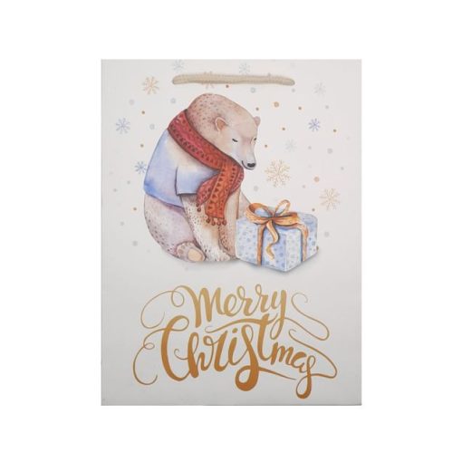 Ajándéktasak medvés, Merry Christmas (18 x 24 x 8,5 cm)