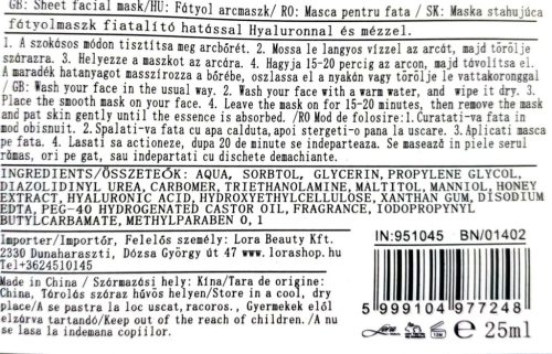 Hyaluronic acid + Honey fátyolmaszk (25ml)